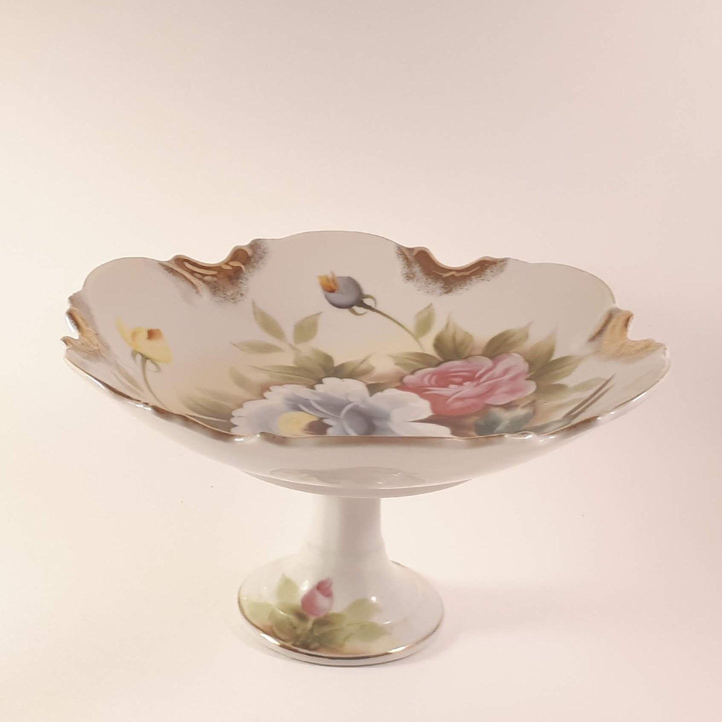 Vintage Hand-Painted Japanese Floral Candy Dish, Footed Pedestal Bowl 9724