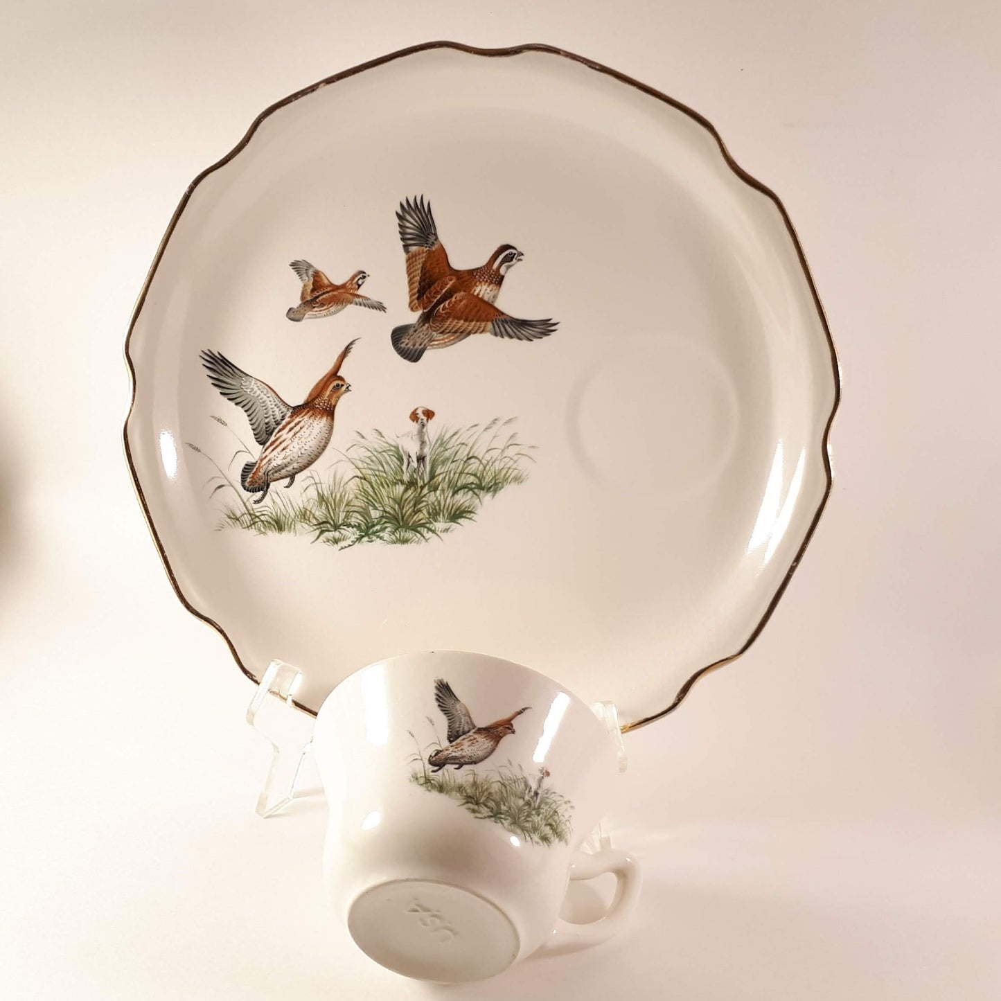 1950s Vintage Luncheon Plate & teacup Georgian USA, Grouses flying 22 KT