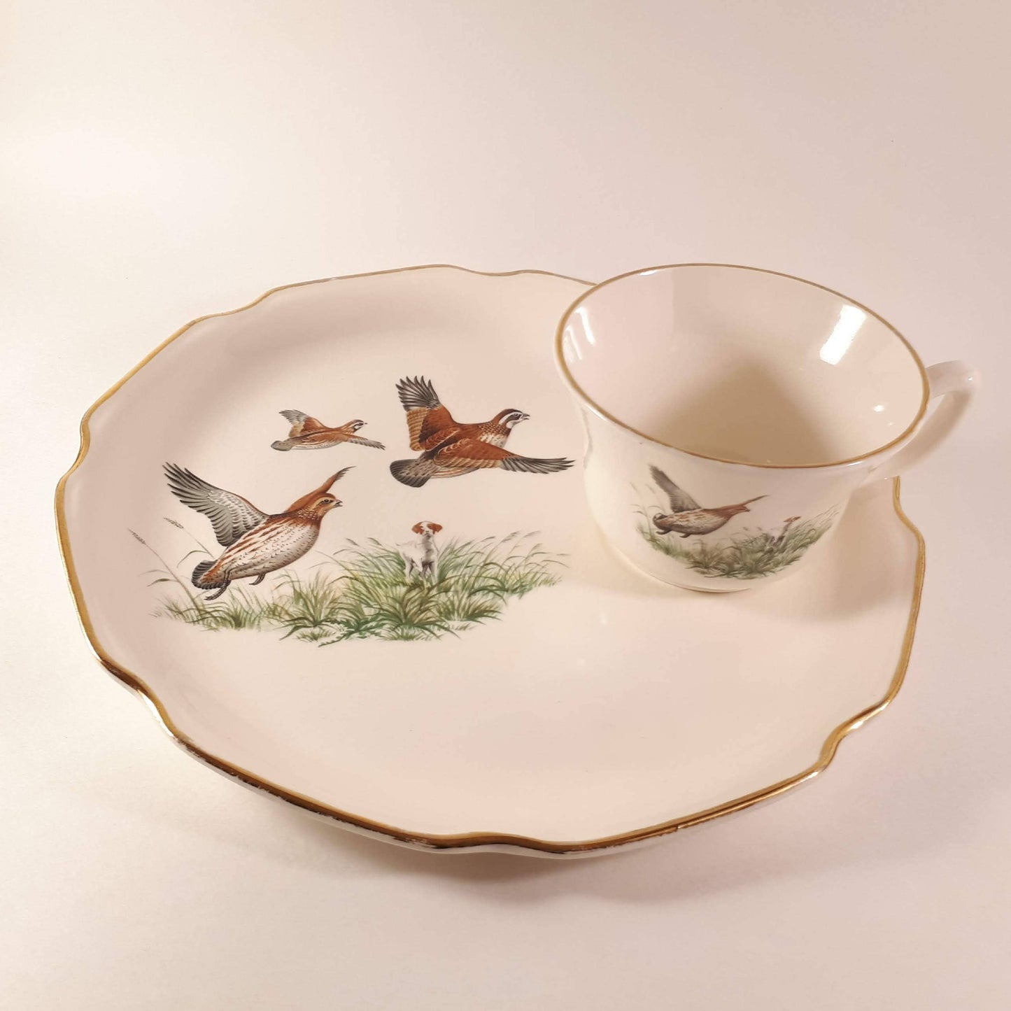 1950s Vintage Luncheon Plate & teacup Georgian USA, Grouses flying 22 KT