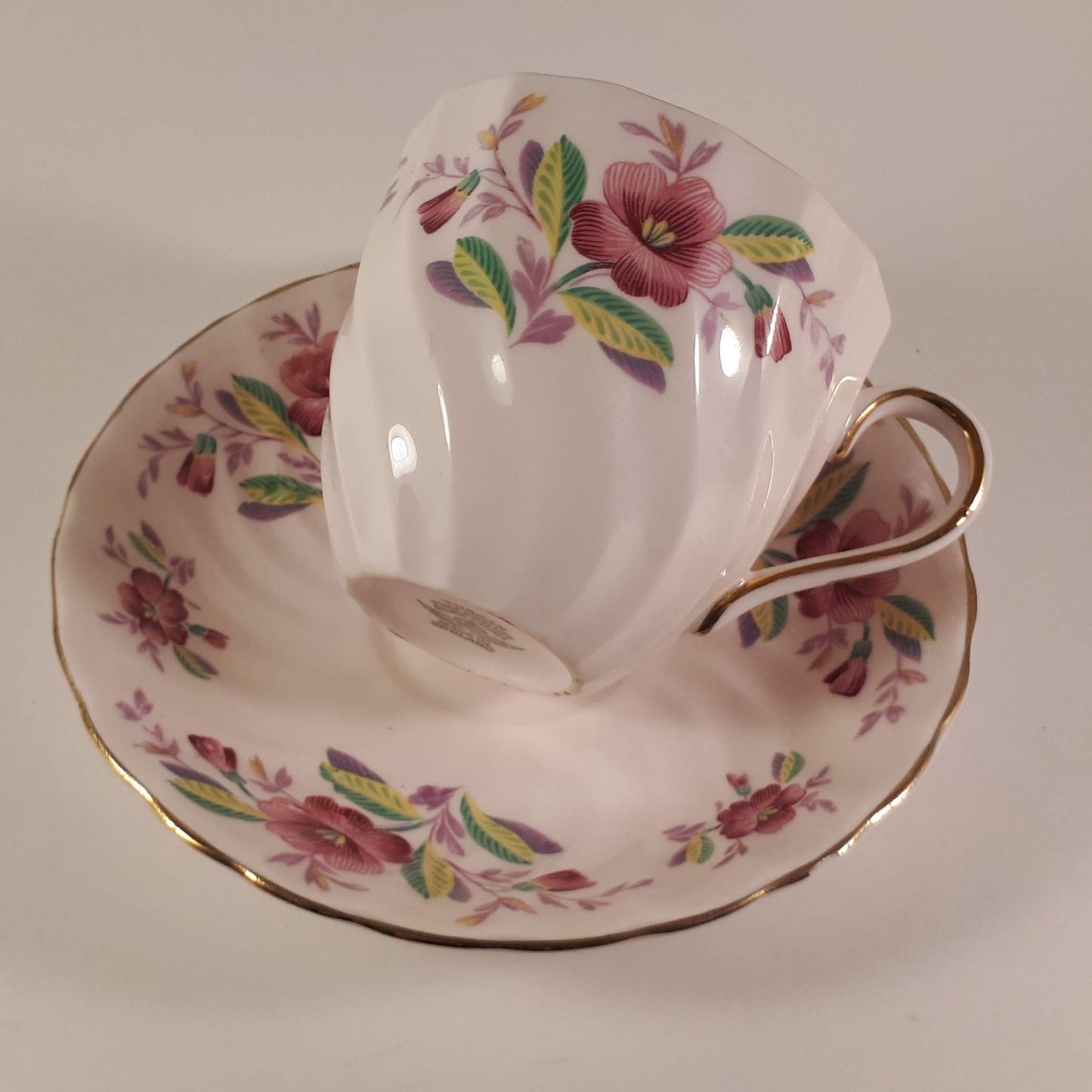 Vintage Tuscan Bone China Teacup and Saucer, Pink Floral Design