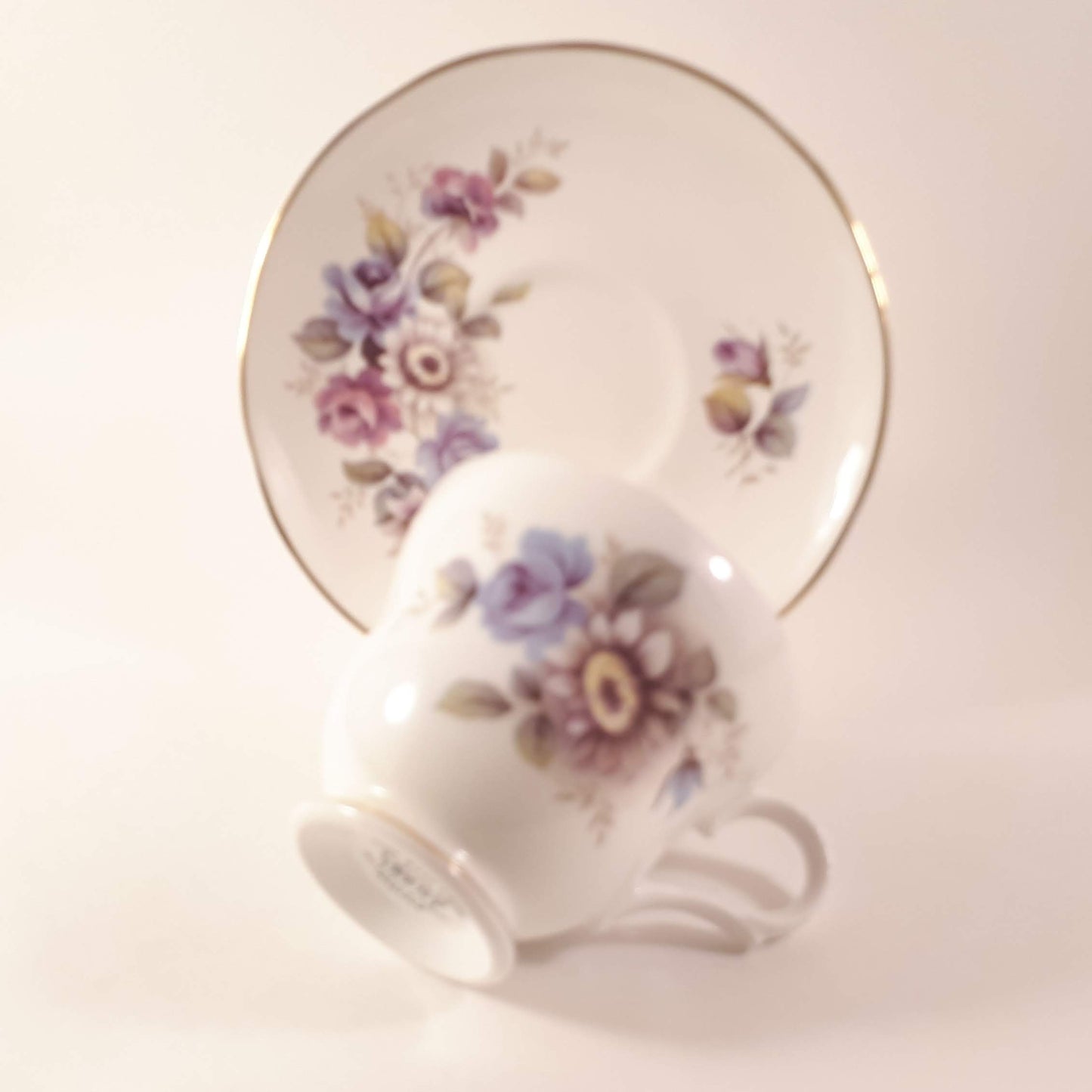 Vintage Crown Trent Teacup and Saucer Set: Pink and Purple Floral, Gold Trim
