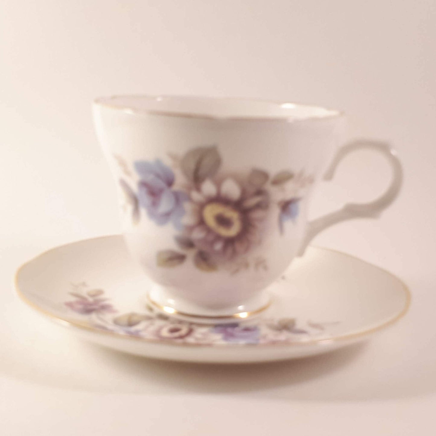 Vintage Crown Trent Teacup and Saucer Set: Pink and Purple Floral, Gold Trim