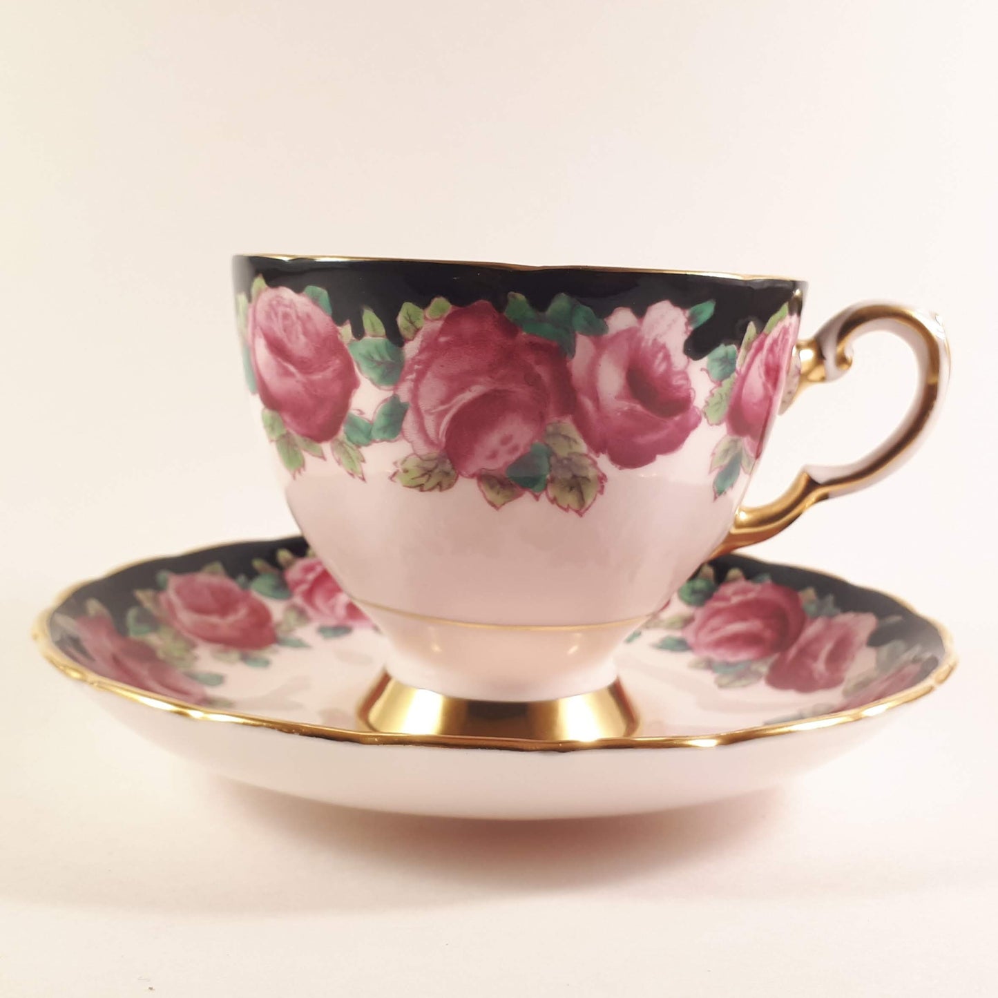 Pretty Vintage Tuscan Pink Roses Garland design on pink shade teacup and saucer