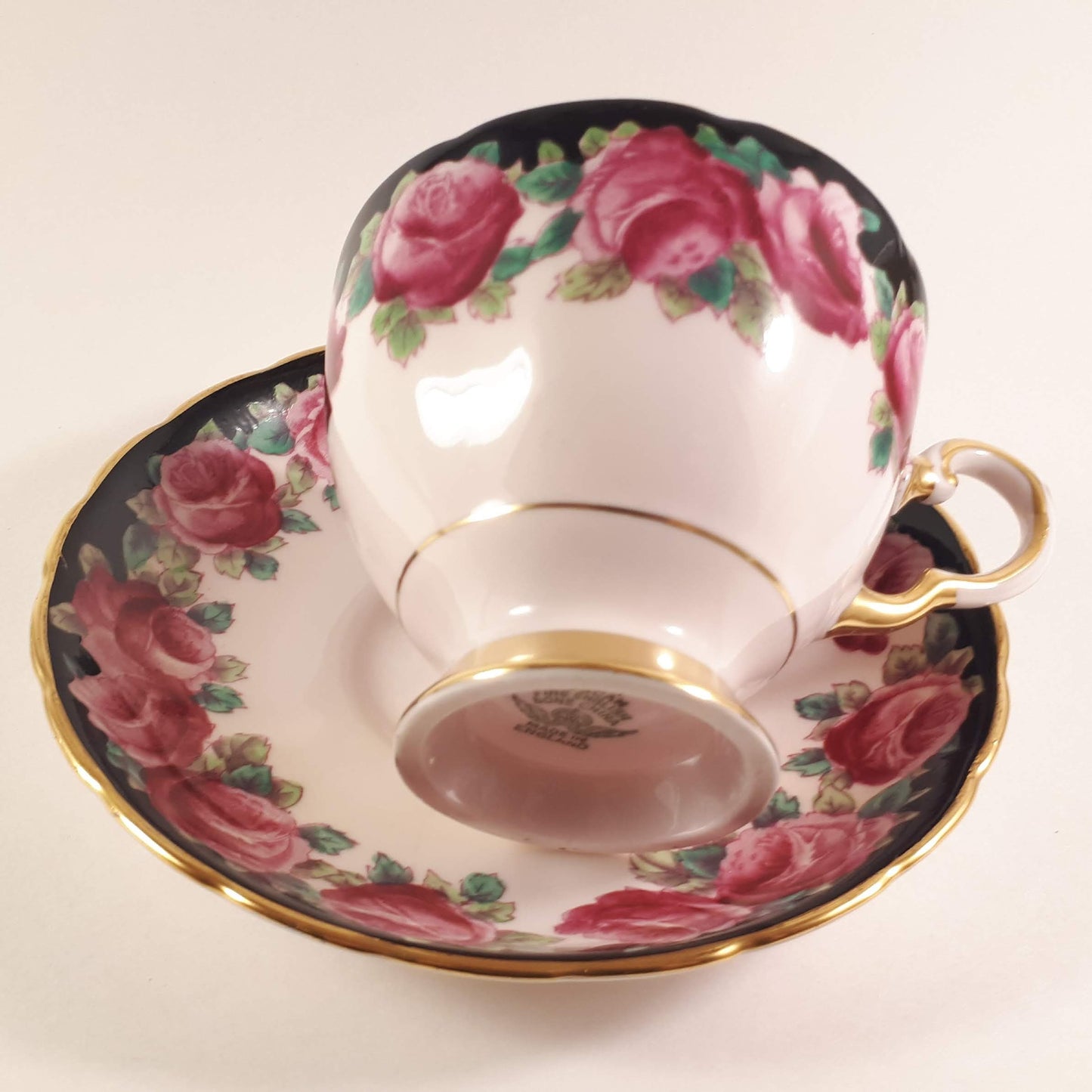 Pretty Vintage Tuscan Pink Roses Garland design on pink shade teacup and saucer