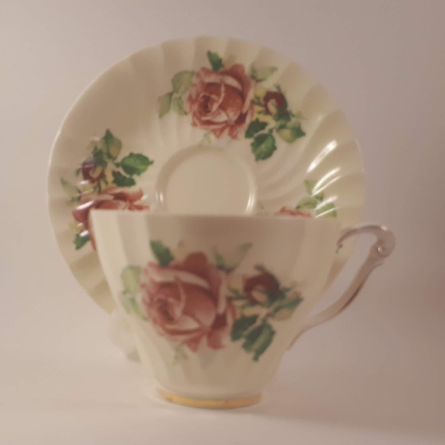 Vintage Queen Anne Bone China Teacup and Saucer, Pink Roses