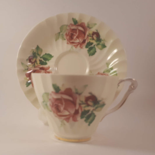 Vintage Queen Anne Bone China Teacup and Saucer, Pink Roses