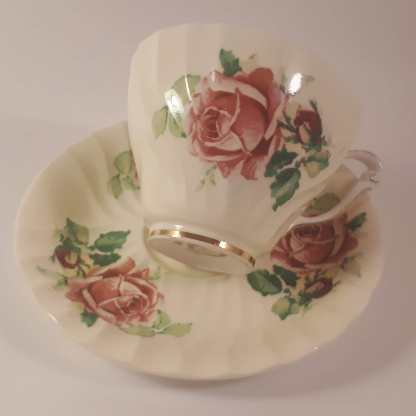 Vintage Queen Anne Bone China Teacup and Saucer, Pink Roses