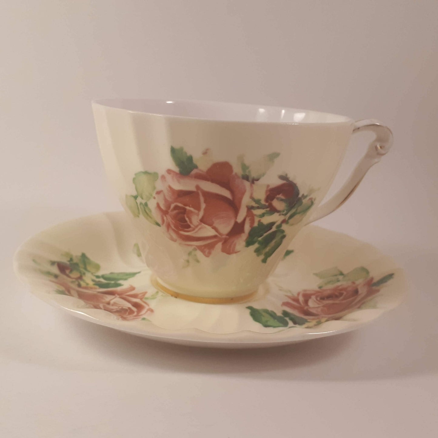 Vintage Queen Anne Bone China Teacup and Saucer, Pink Roses