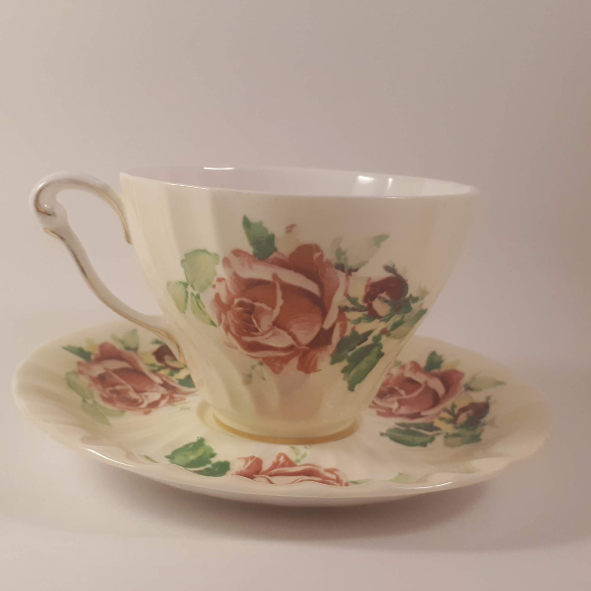 Vintage Queen Anne Bone China Teacup and Saucer, Pink Roses