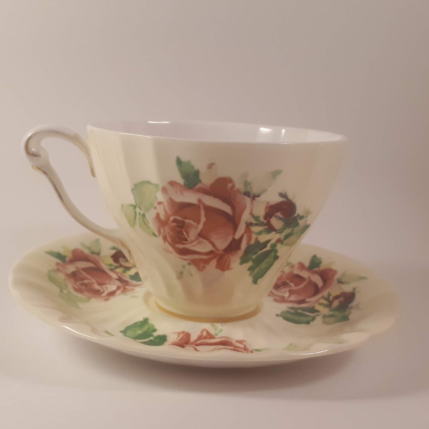 Vintage Queen Anne Bone China Teacup and Saucer, Pink Roses