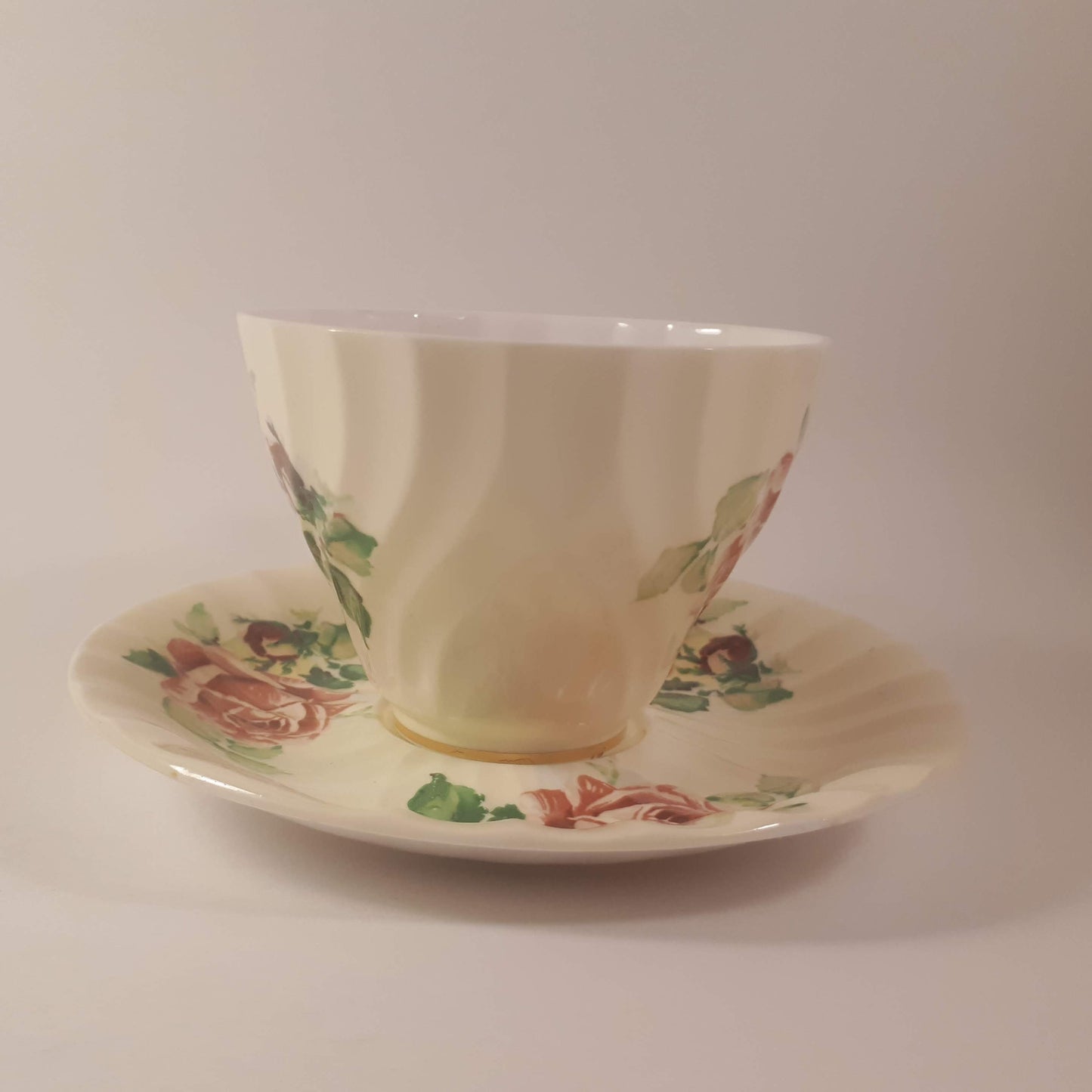 Vintage Queen Anne Bone China Teacup and Saucer, Pink Roses