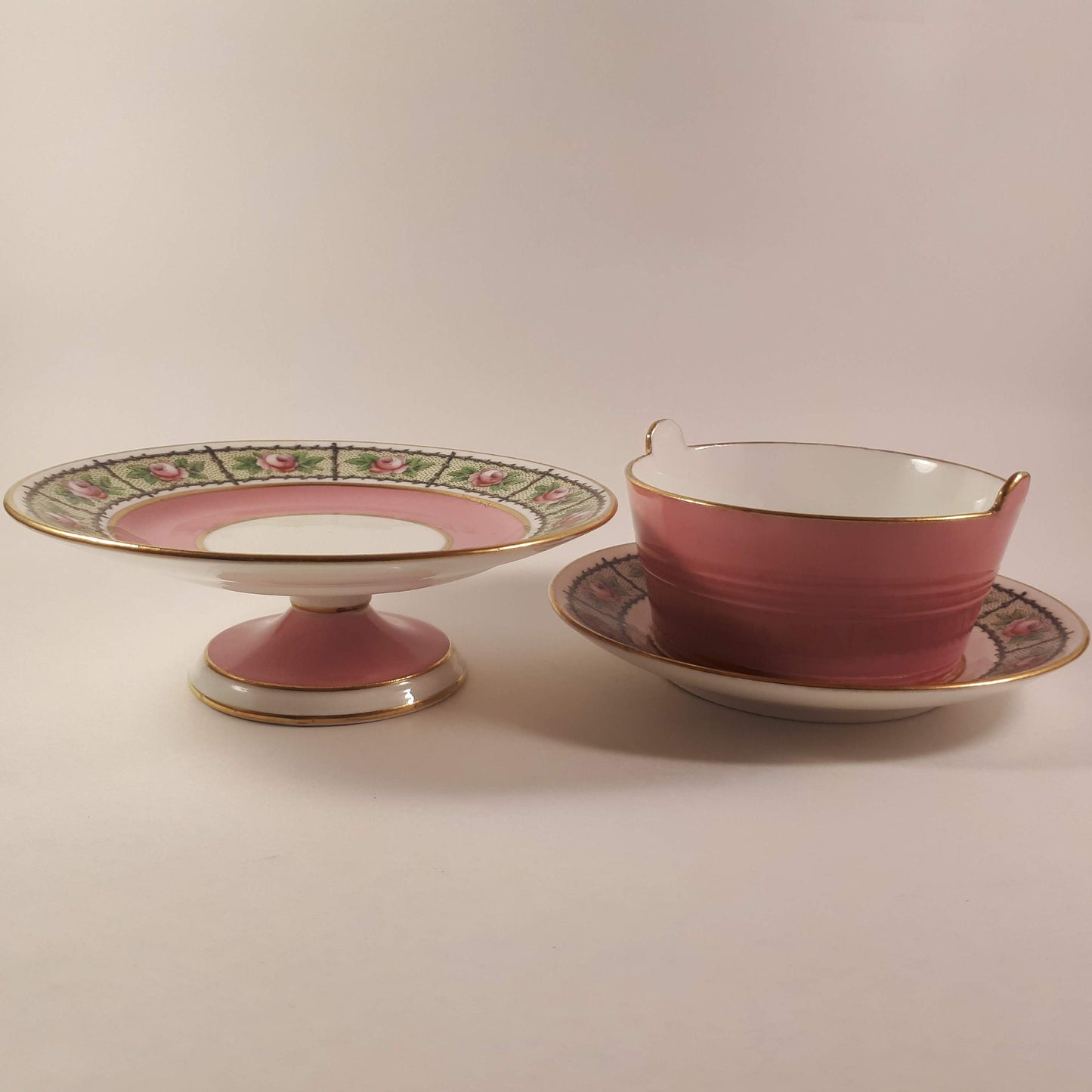 RARE !! Aynsley miniature pink attached cup and saucer with cake stand