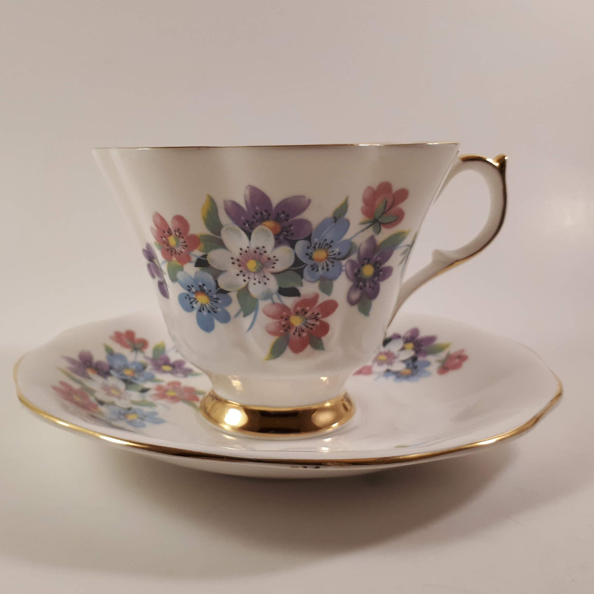 Queen Anne Bone China Teacup and Saucer, Multicolored Floral Design