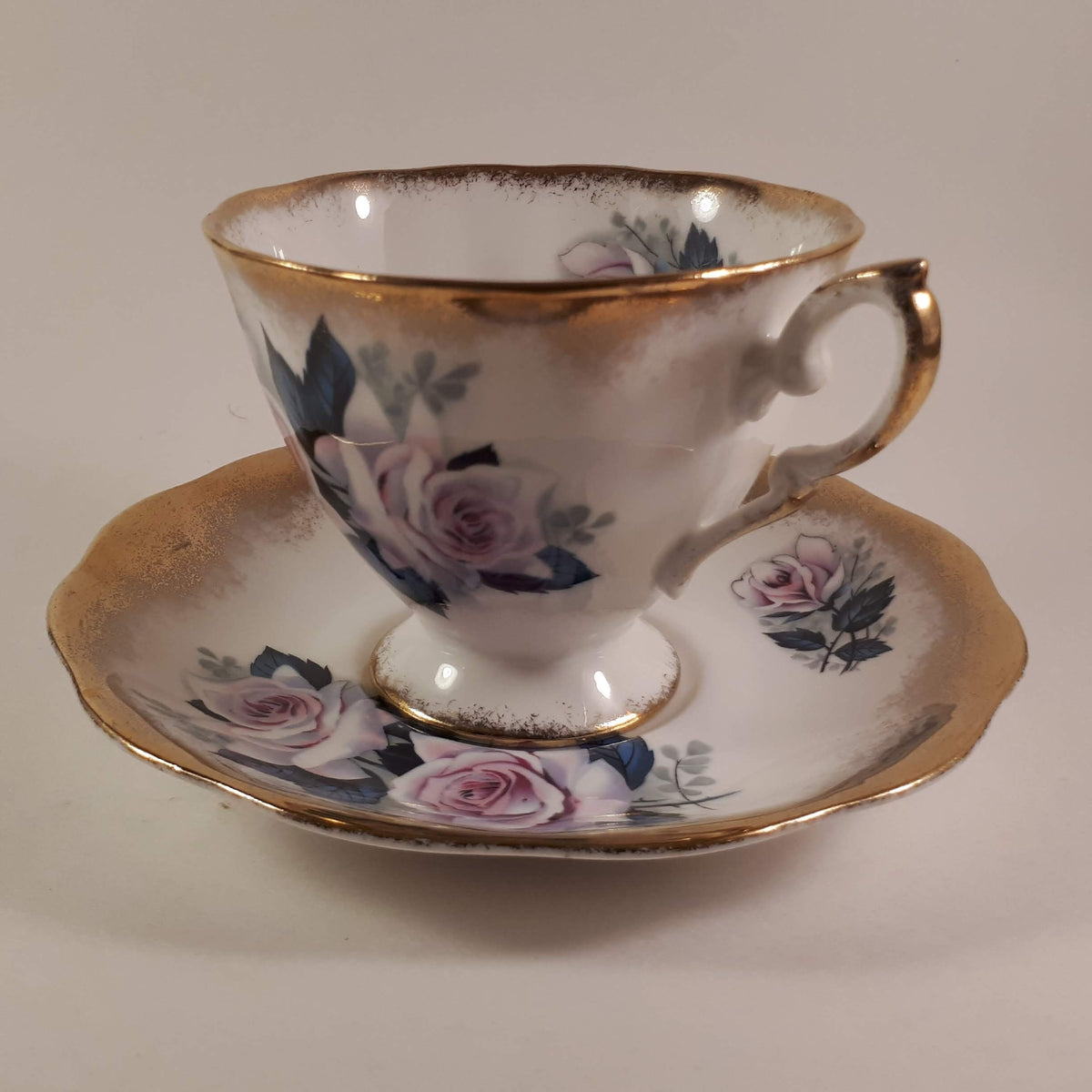 Royal Standard Pink Rose Teacup and Saucer, Heavy Gold Design