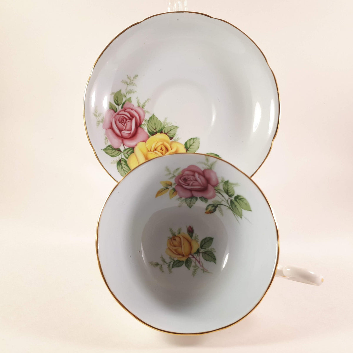 Royal Grafton 1950s Pink and Yellow  Roses with blue shade Teacup & saucer