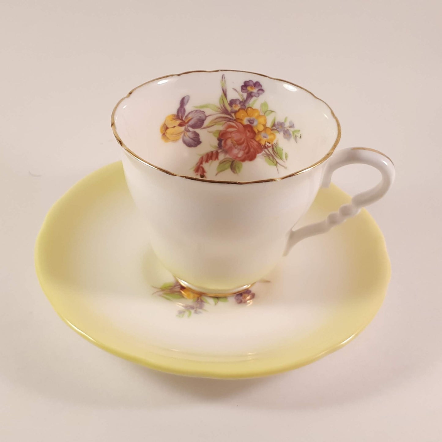 Vintage Royal Stafford Bone China Tea Cup & Saucer Yellow With floral Pattern