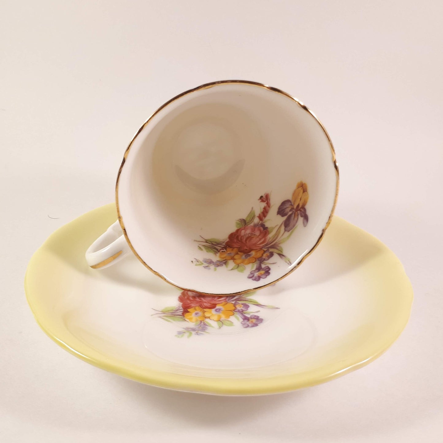 Vintage Royal Stafford Bone China Tea Cup & Saucer Yellow With floral Pattern