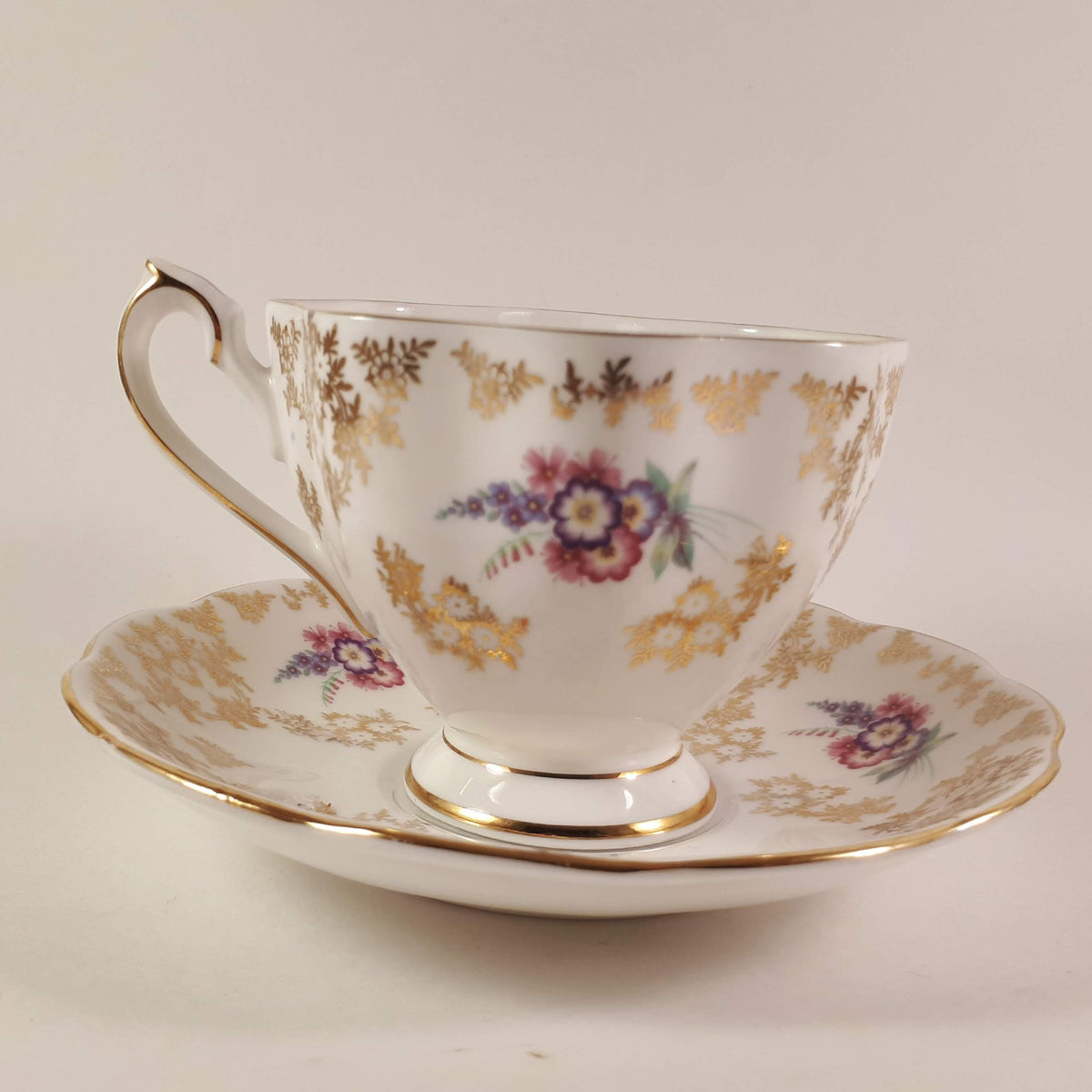 Vintage Queen Anne Bone China Teacup and Saucer (5883) Gold Flowers