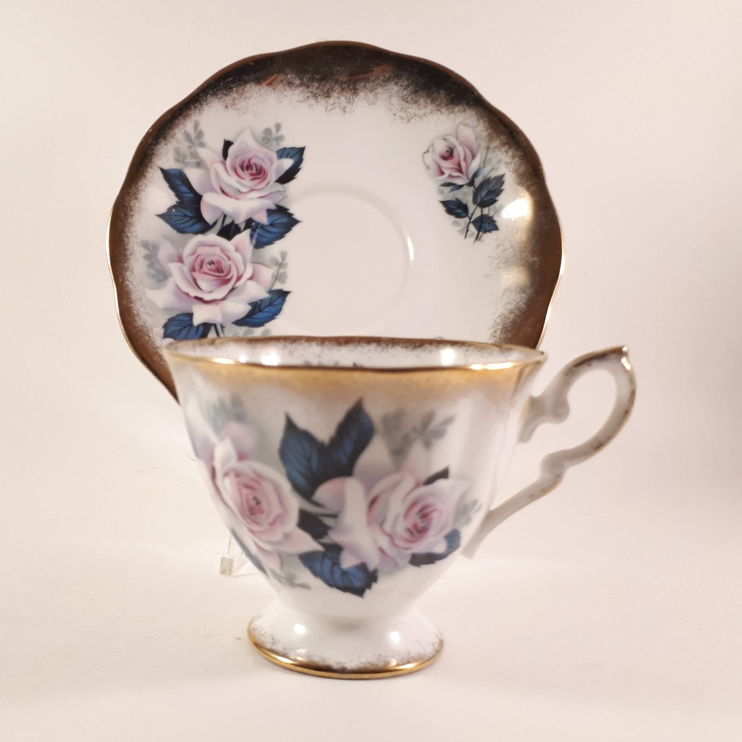 Royal Standard Pink Rose Teacup and Saucer, Heavy Gold Design