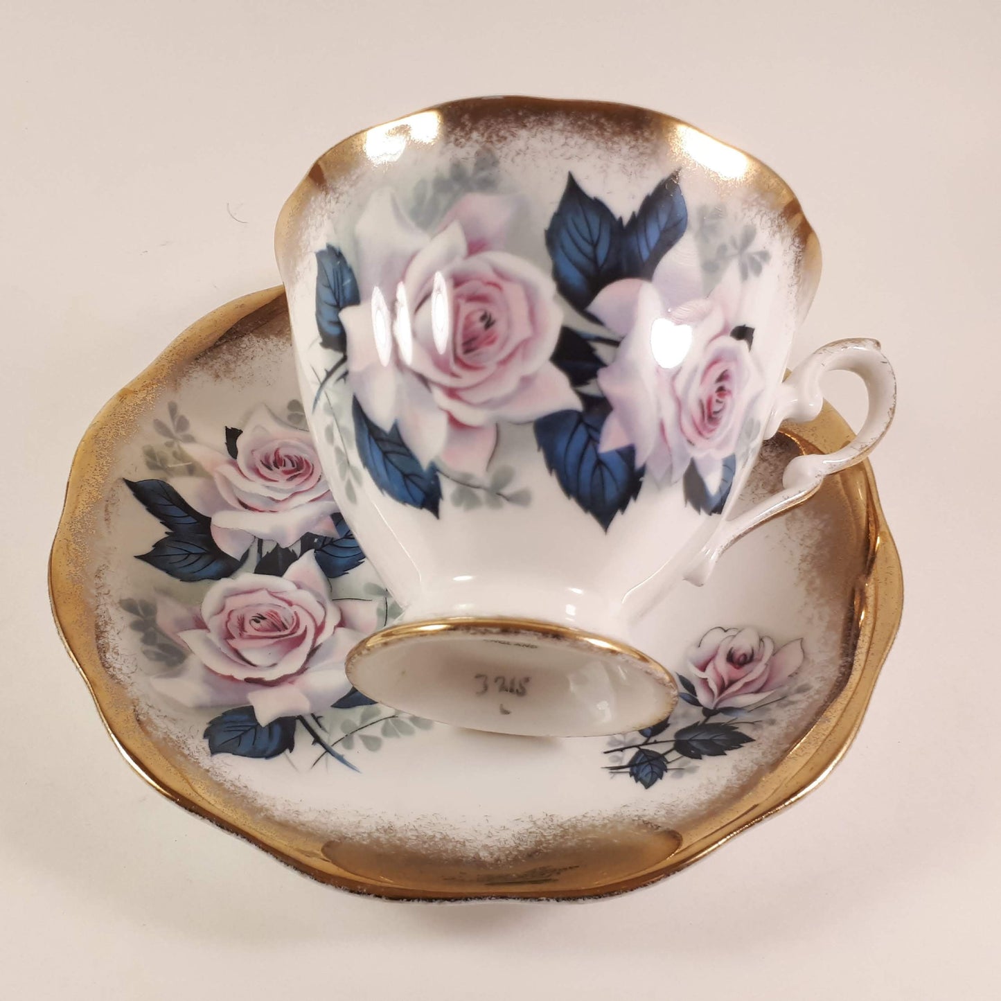 Royal Standard Pink Rose Teacup and Saucer, Heavy Gold Design