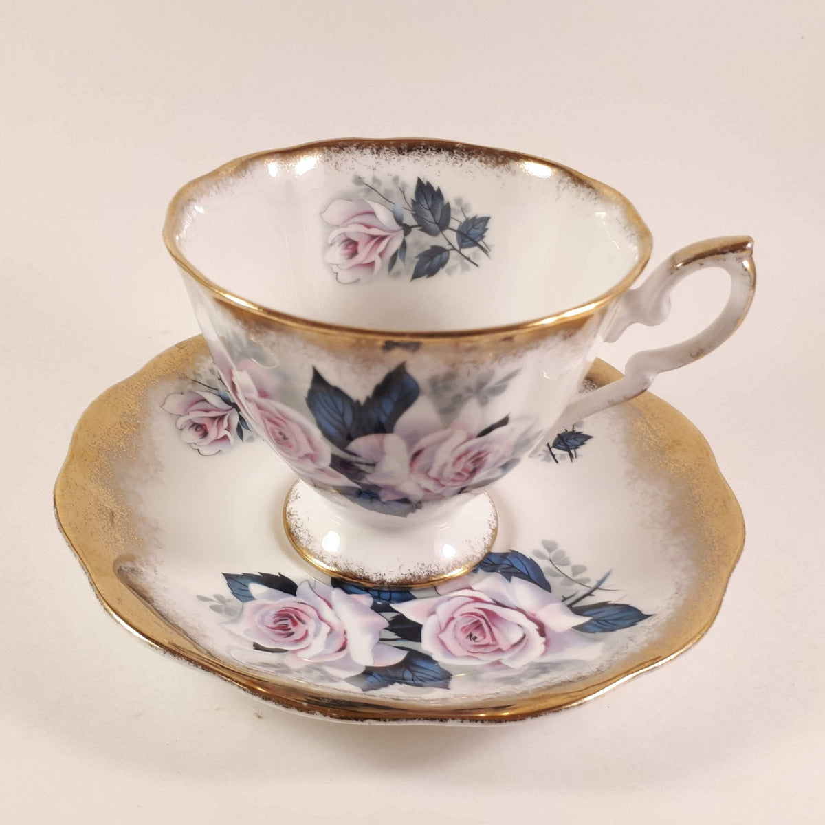 Royal Standard Pink Rose Teacup and Saucer, Heavy Gold Design