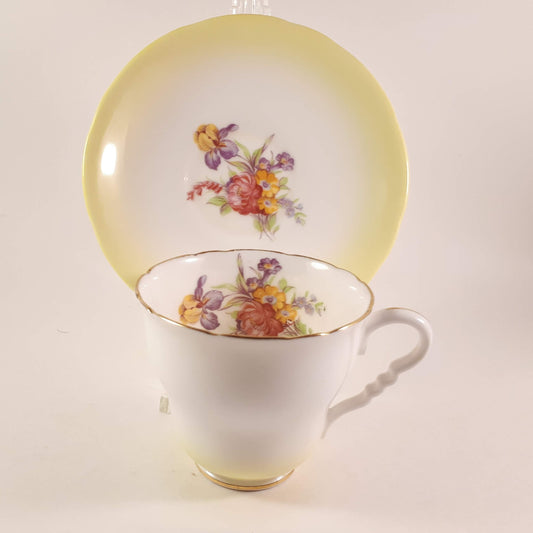 Vintage Royal Stafford Bone China Tea Cup & Saucer Yellow With floral Pattern