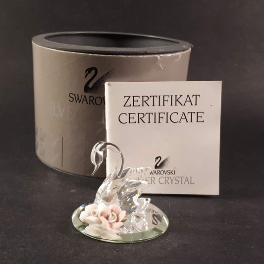 Swarovski Crystal Swan with Ceramic Flowers, Swan Figurine