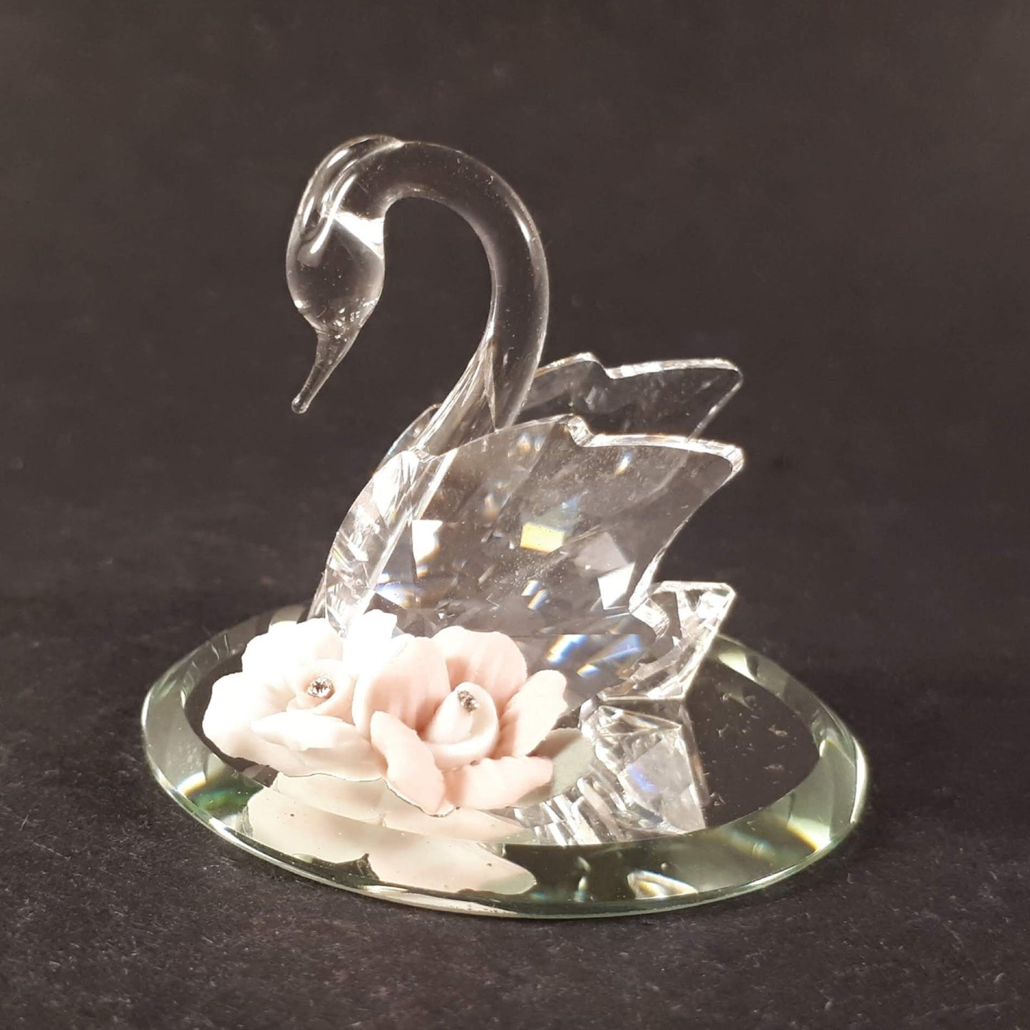 Swarovski Crystal Swan with Ceramic Flowers, Swan Figurine