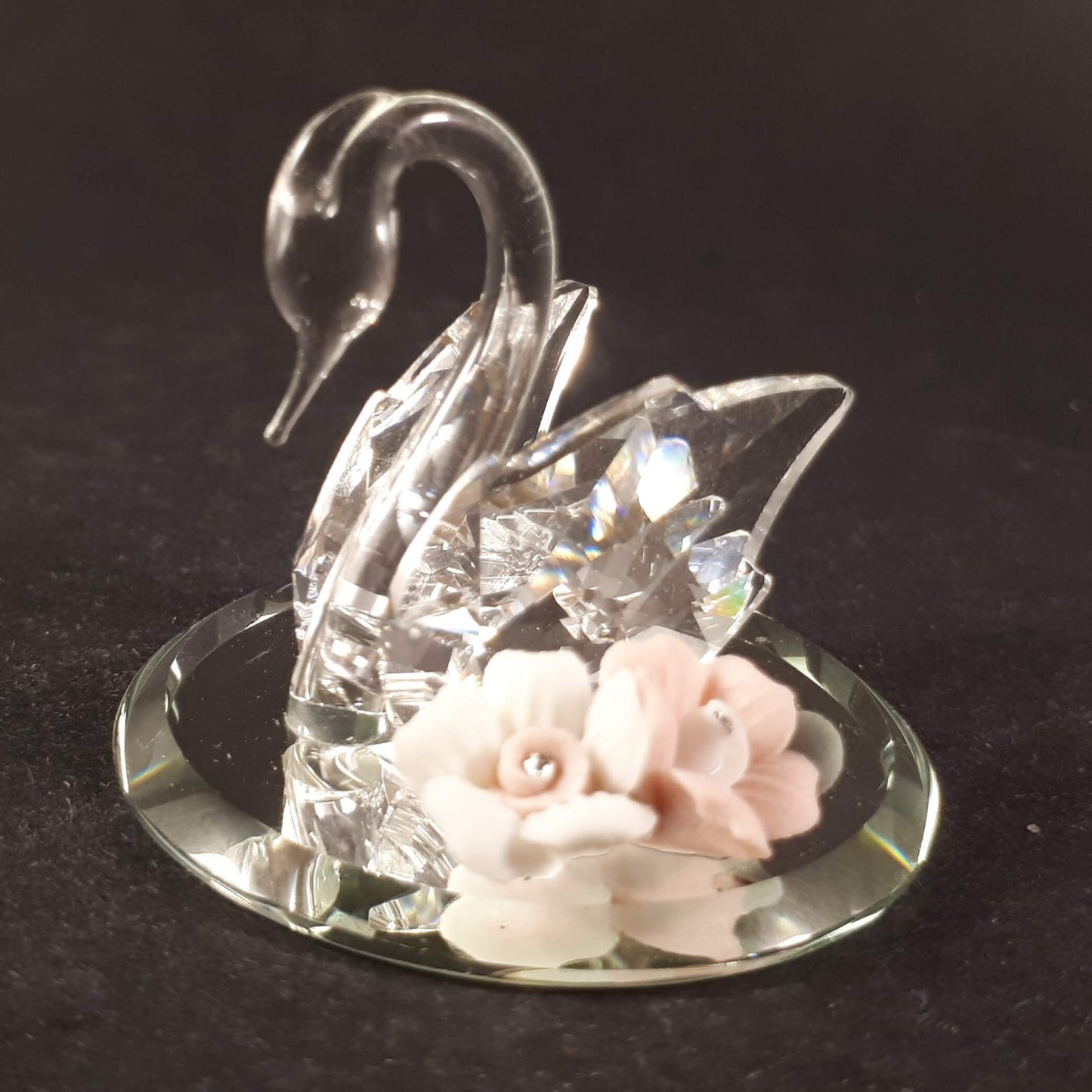 Swarovski Crystal Swan with Ceramic Flowers, Swan Figurine
