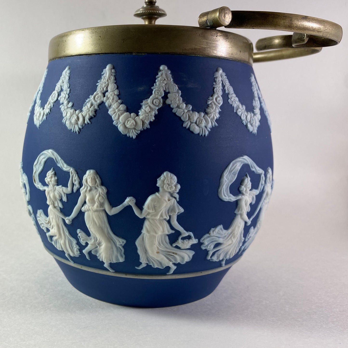 Antique Stunning wedgwood Cobalt Blue Jasperware Silver plated Biscuit barrel