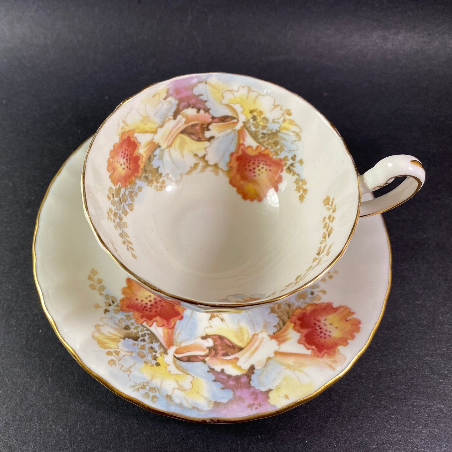 RARE !! Exotic Aynsley Bone china  wide mouth yellow & brown floral # 2444