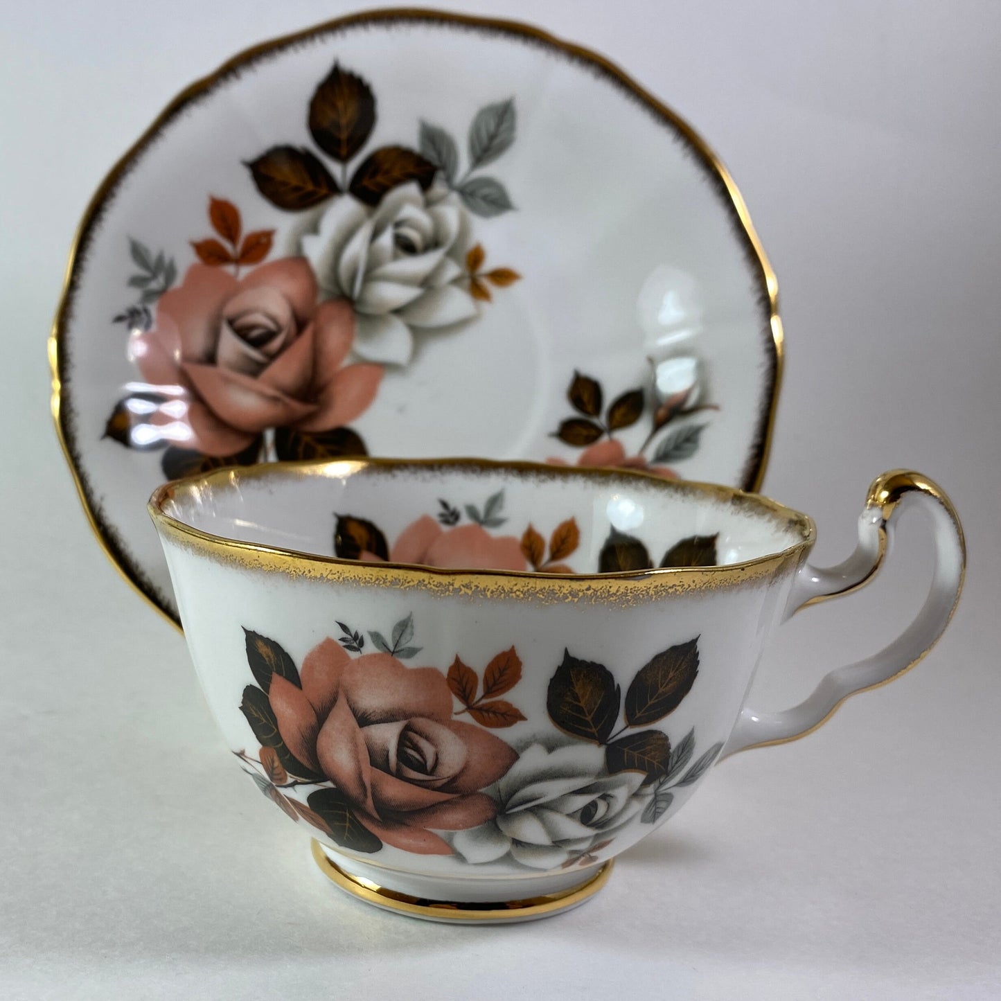 RARE !! Stunning Royal Adderley orange & white roses bone china teacup and saucer