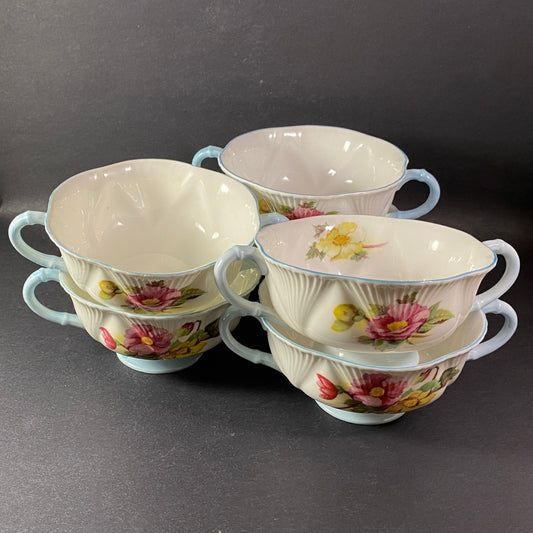 Vintage Shelley Bone China Footed Cream Soup Bowls. Begonia pattern.