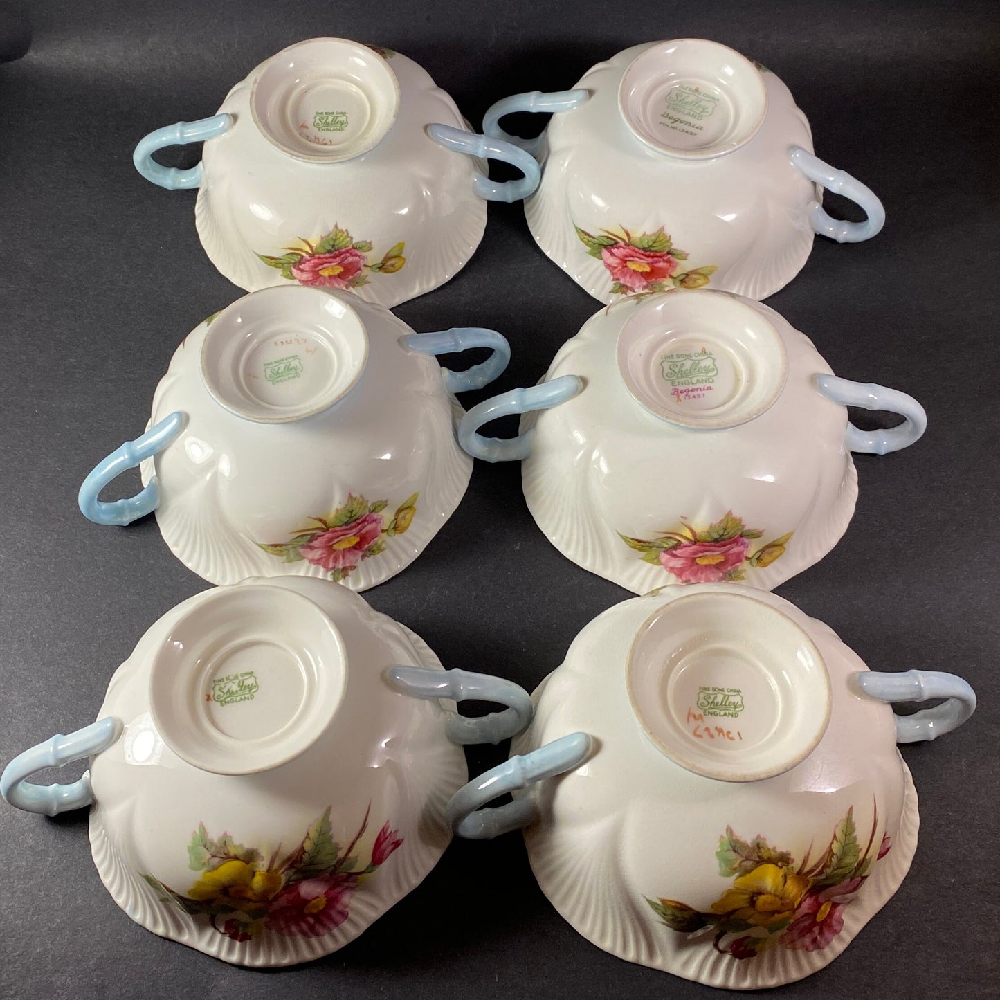 Vintage Shelley Bone China Footed Cream Soup Bowls. Begonia pattern.