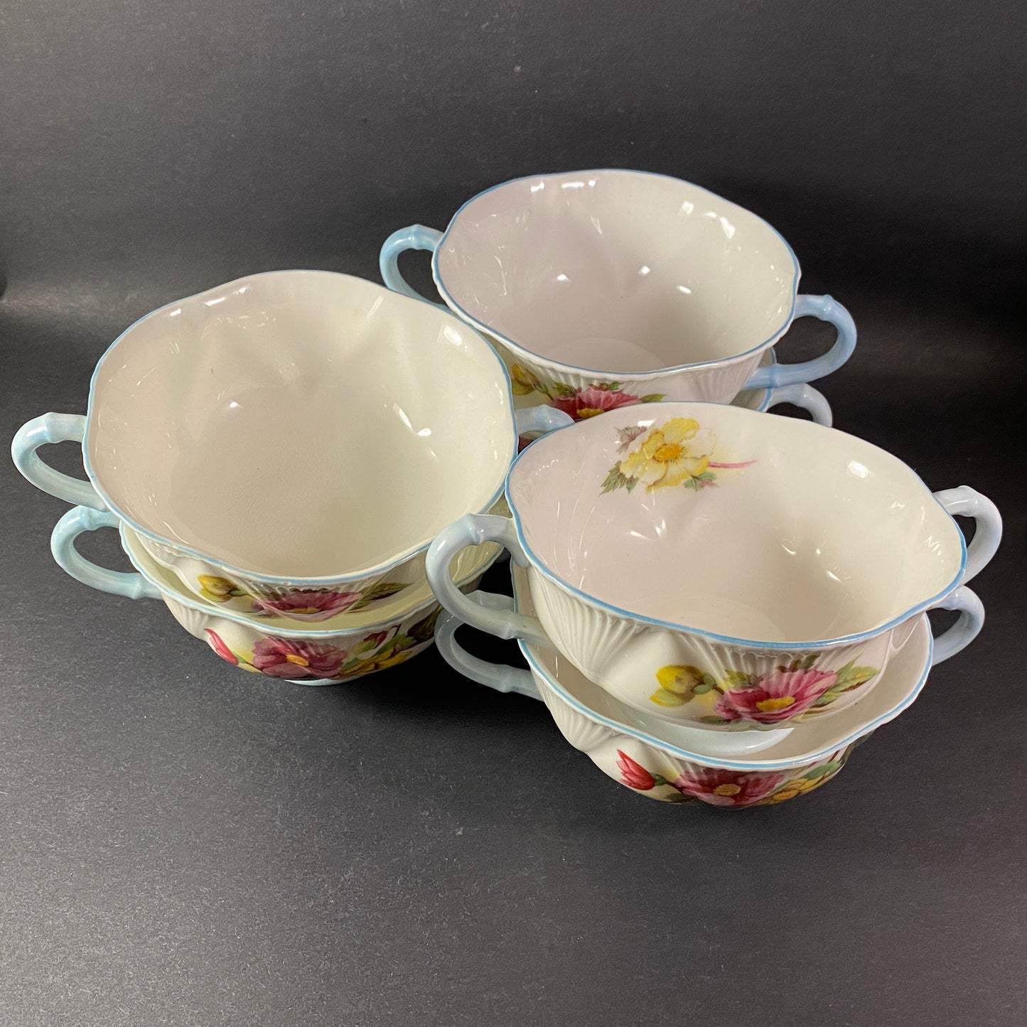 Vintage Shelley Bone China Footed Cream Soup Bowls. Begonia pattern.