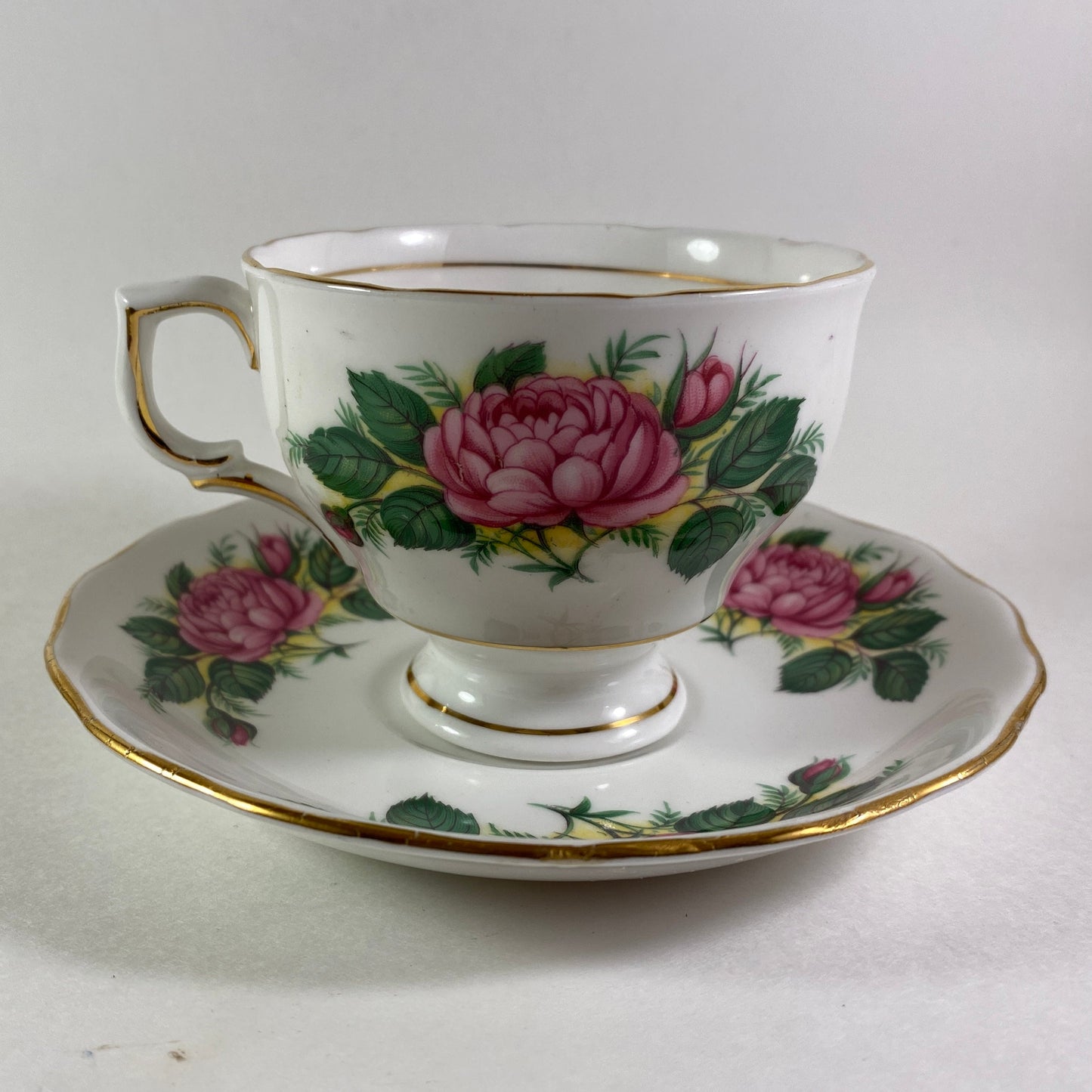 RARE Vintage ColClough pink cabbage roses teacup and saucer 1950s