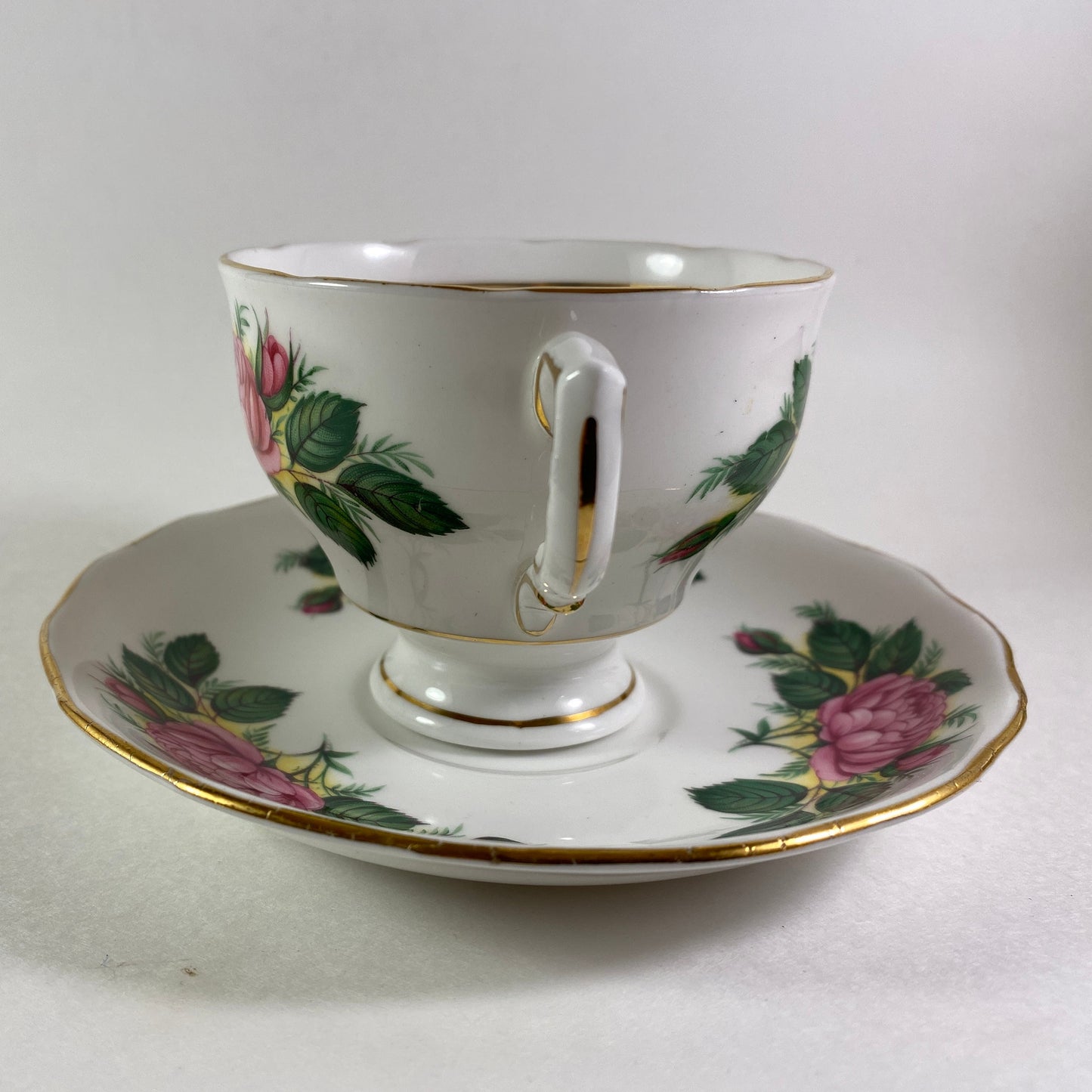 RARE Vintage ColClough pink cabbage roses teacup and saucer 1950s