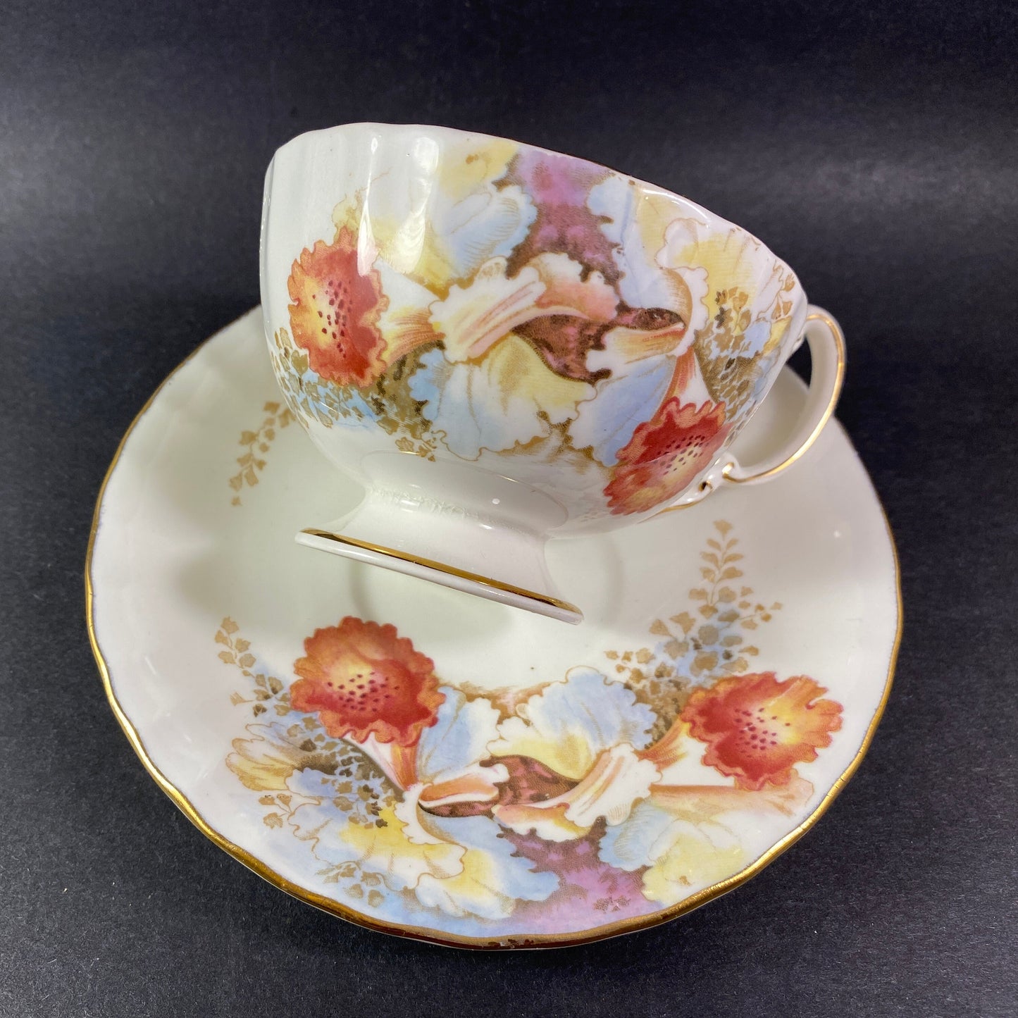 RARE !! Exotic Aynsley Bone china  wide mouth yellow & brown floral # 2444