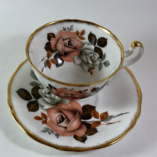 RARE !! Stunning Royal Adderley orange & white roses bone china teacup and saucer