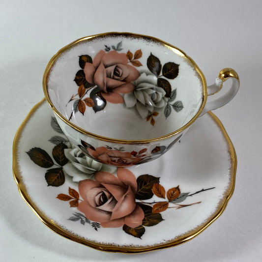 Royal Adderley Bone China Teacup and Saucer, Orange & White Roses