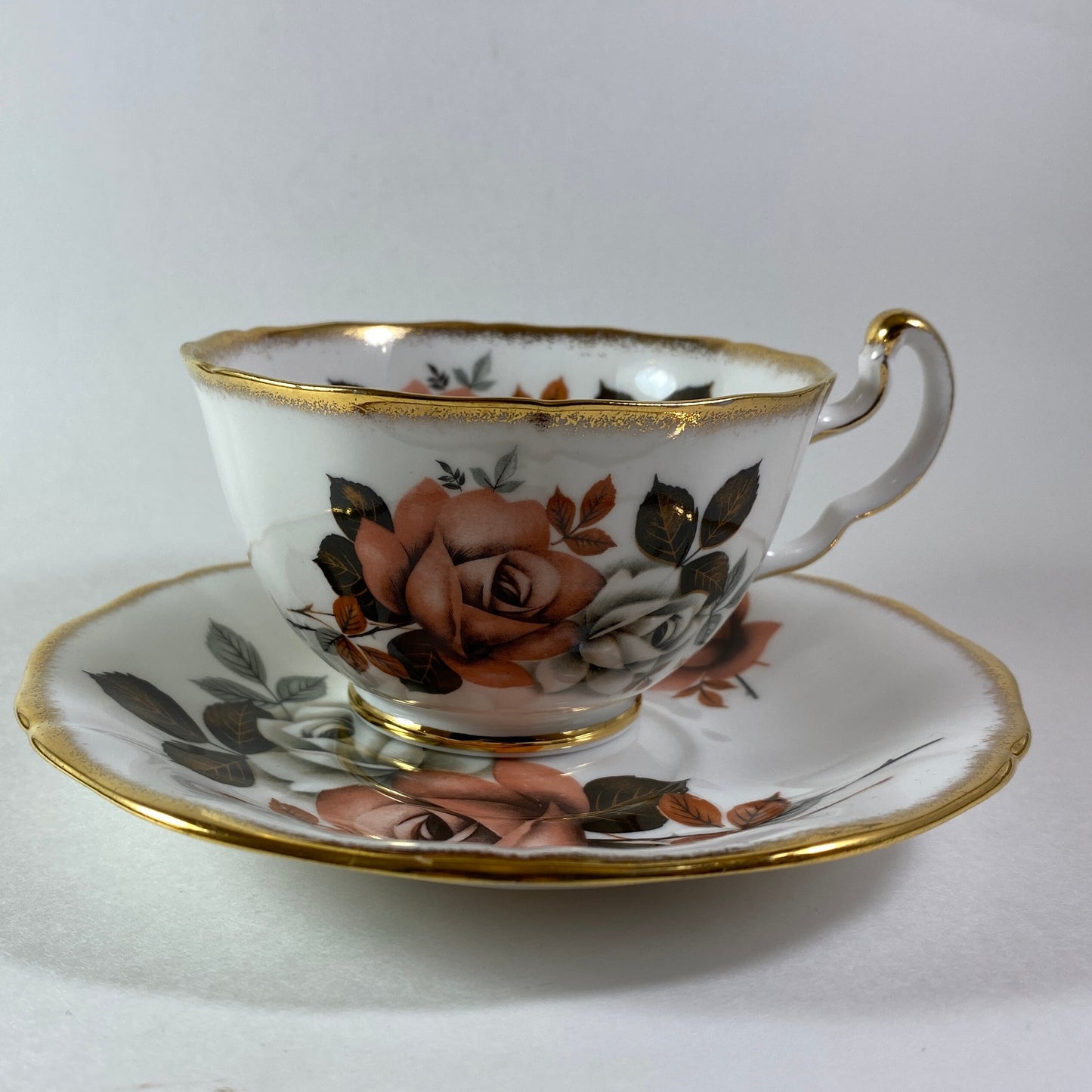 RARE !! Stunning Royal Adderley orange & white roses bone china teacup and saucer