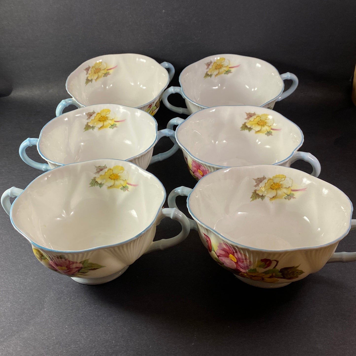 Vintage Shelley Bone China Footed Cream Soup Bowls. Begonia pattern.