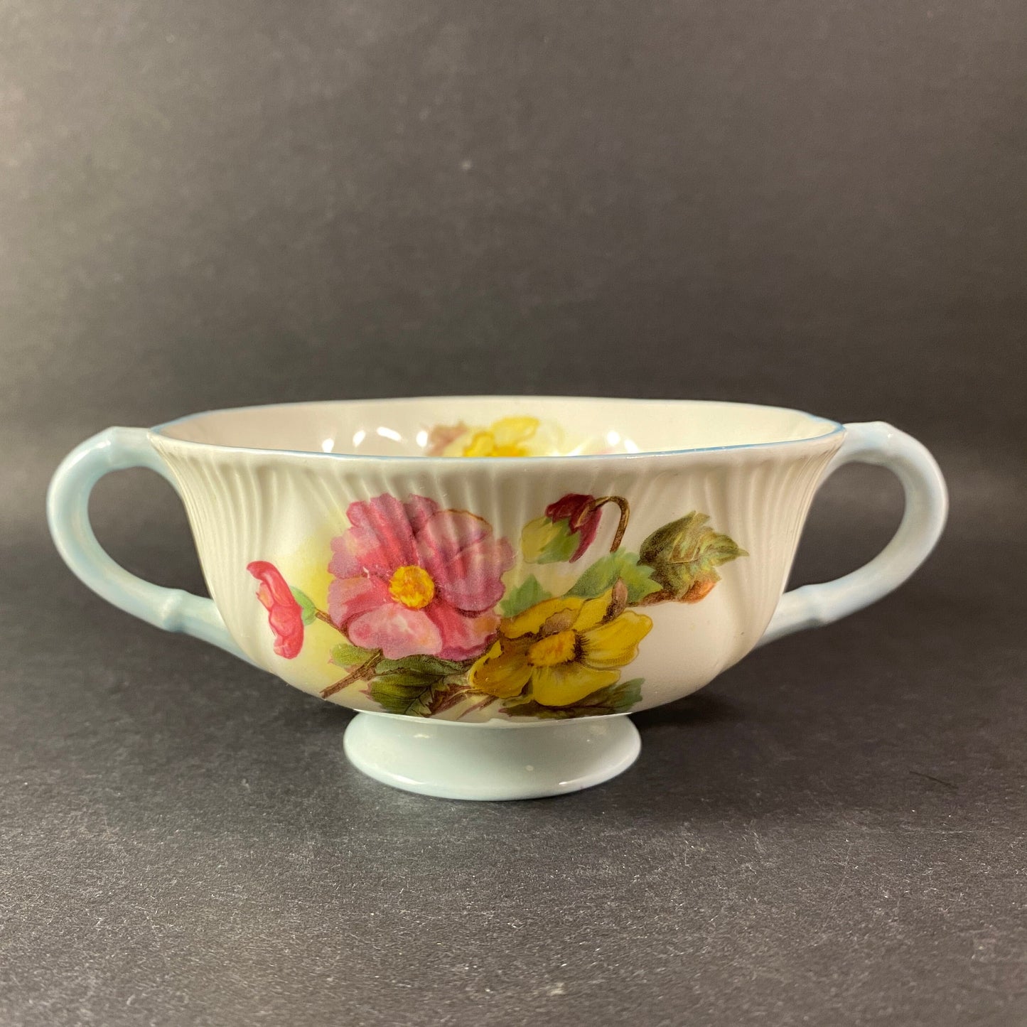 Vintage Shelley Bone China Footed Cream Soup Bowls. Begonia pattern.