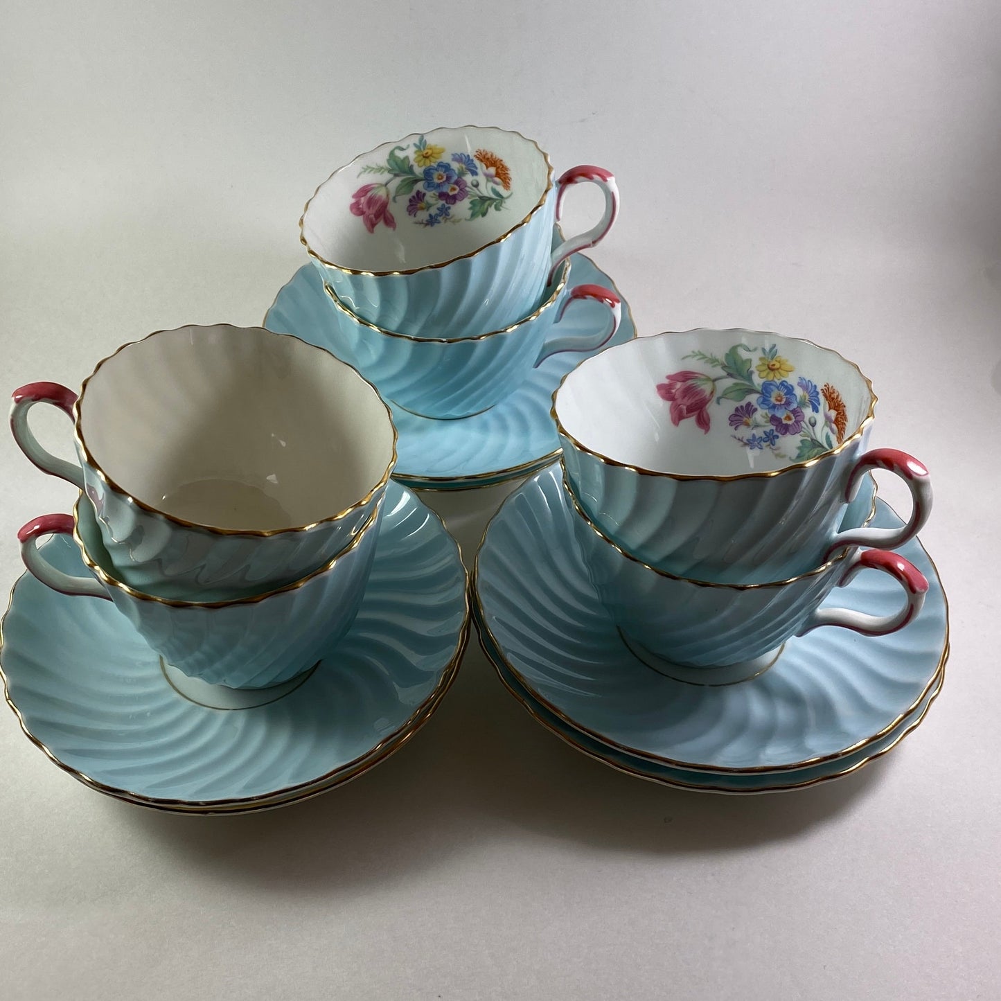 Aynsley Pink Tulip Floral Bouquet Swirl Light Blue Bone China Tea Cup And Saucer