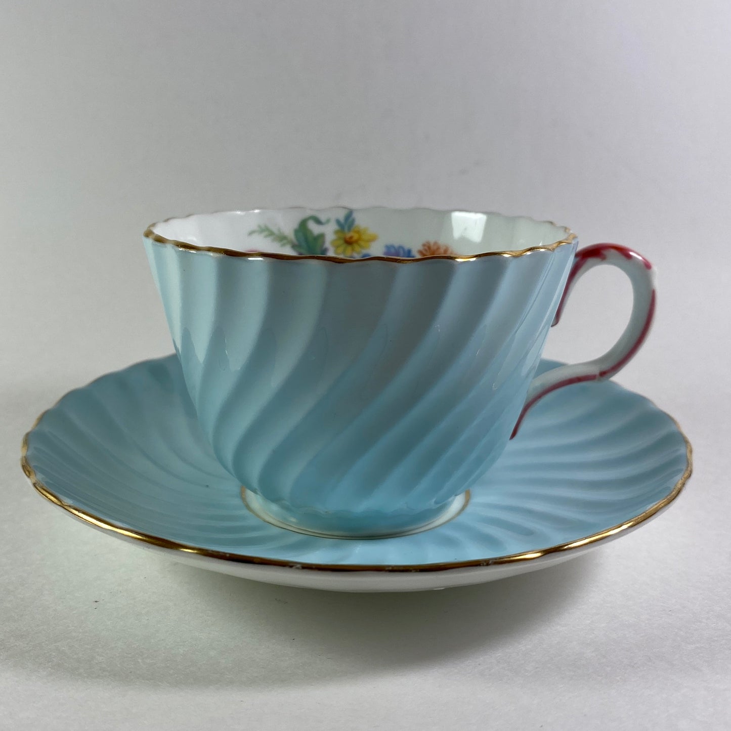 Aynsley Pink Tulip Floral Bouquet Swirl Light Blue Bone China Tea Cup And Saucer