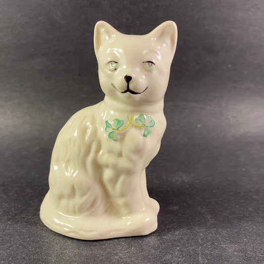 Belleek Fine Irish China Cat Figurine with Green Eyes 4" height