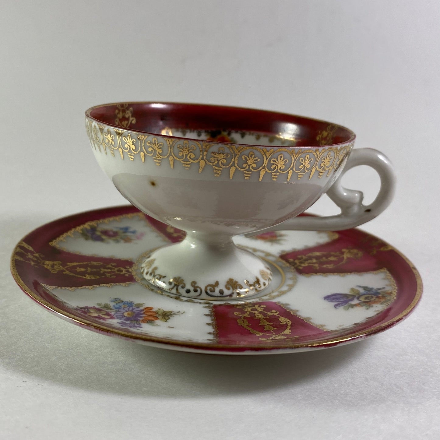 Antique Hand Painted Porcelain Demitasse small Cup  Saucer gold & Enamel