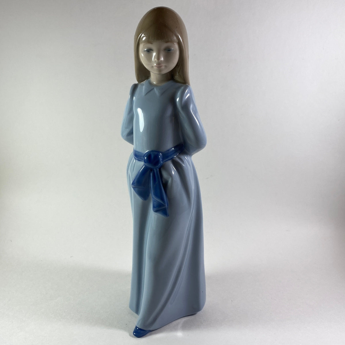 Vintage Nao Figurine Lladro Girl Looking Down with Blue Dress Hand Painted