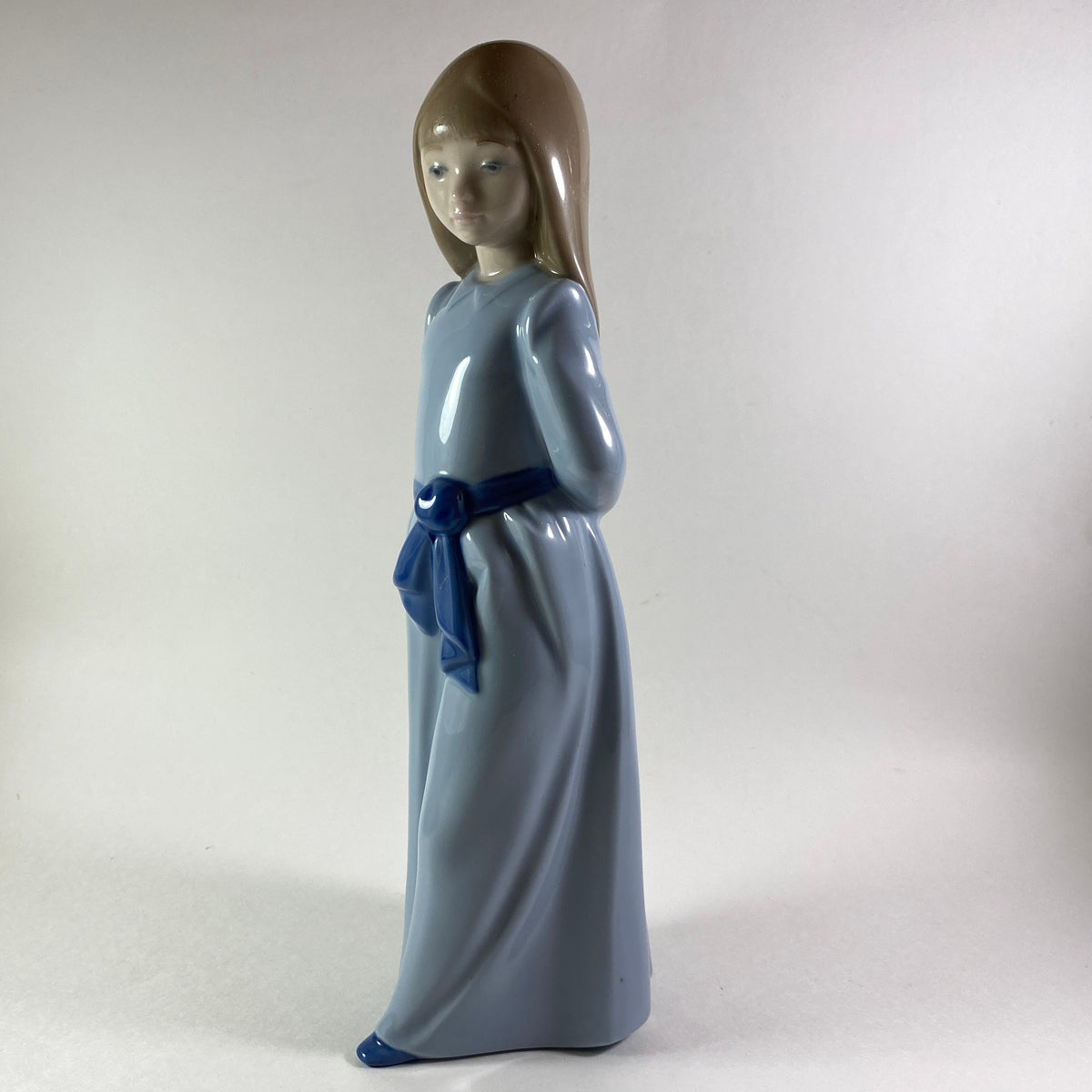 Vintage Nao Figurine Lladro Girl Looking Down with Blue Dress Hand Painted