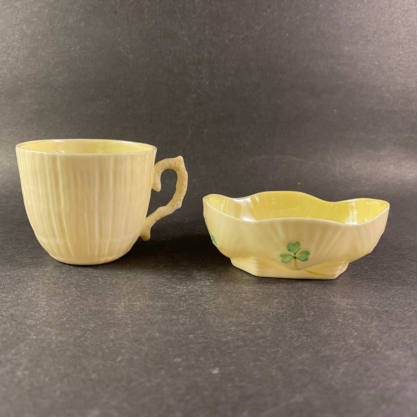 Vintage Belleek Set of 2  demitasse cup  & small Pin Dish with Shamrock design